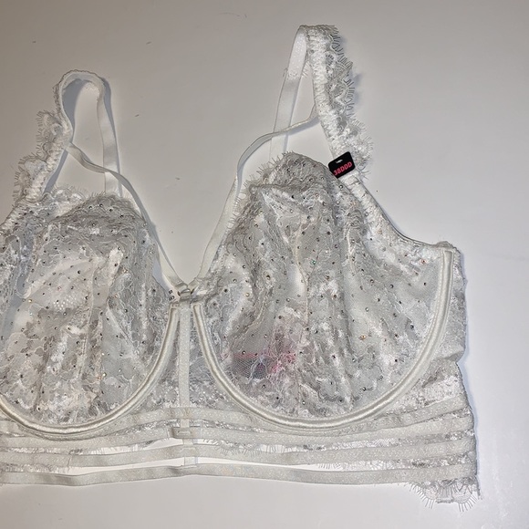 🆕 La SENZA White Lace Rhinestone Criss Cross Bra - Women’s Size 38DDD / DDD38 - Picture 5 of 9